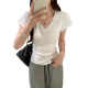 Korean 2025 summer new V-neck rag shoulder slim short-sleeved T-shirt for women's versatile top white cotton shirt