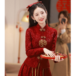 Toasting Bride Cheongsam Wine Red Custom Wedding Dress Chinese Style Backdoor Wedding Improvement Long Sleeves Women Winter Autumn and Winter