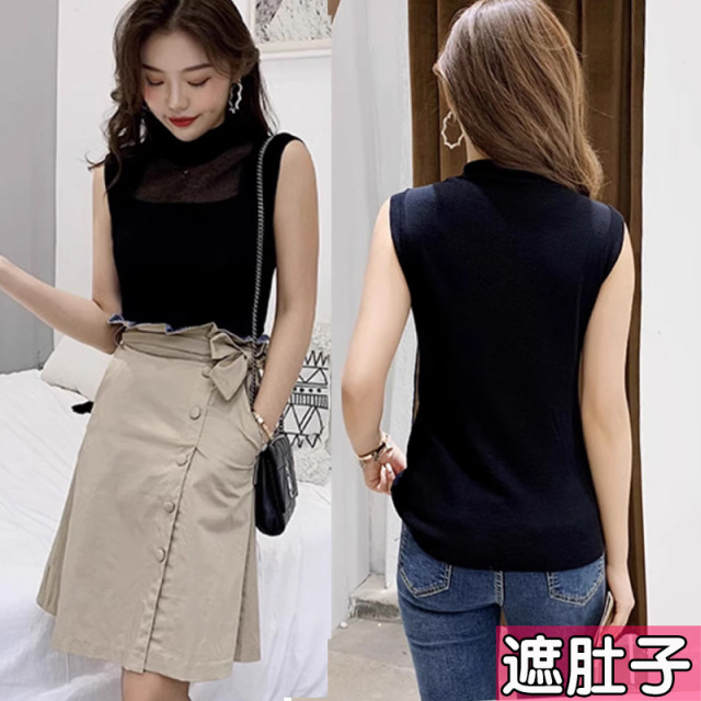 Large size half-high neck ice silk suspender vest for women in summer, knitted base hollow sleeveless top, fat mm