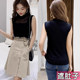 Large size half-high neck ice silk suspender vest for women in summer, knitted base hollow sleeveless top, fat mm