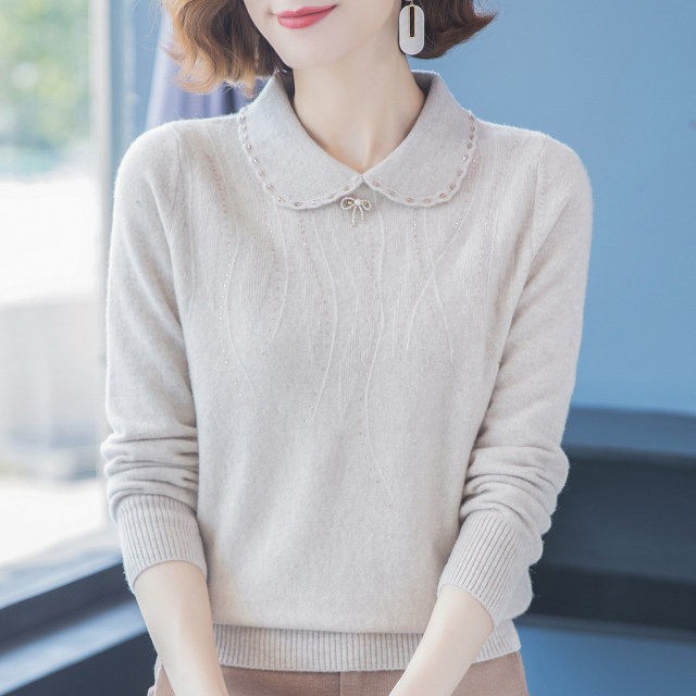 100 pure cardigan women's short sweater 2025 new autumn and winter doll collar age-reducing loose knitted base shirt
