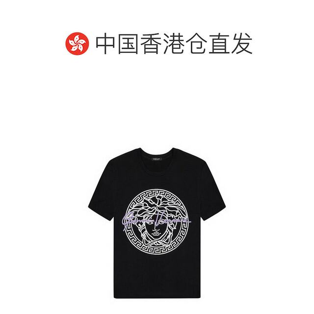 Hong Kong Direct Mail Versace Verser/Women's Black Merdustus pattern round neck fashion versatile short -sleeved T -shirt
