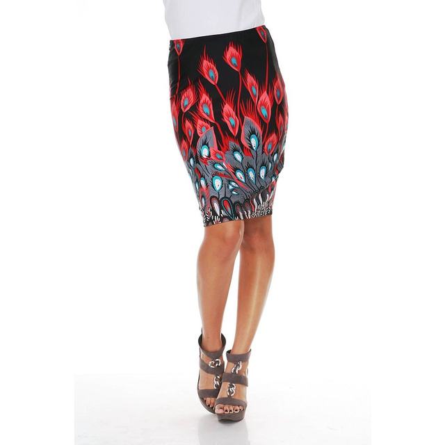 Self-operated white mark red peacock feather printed pencil skirt - red peacock [American Ole
