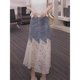 European lace spliced ​​denim skirt for women in 2025 summer hot high waist irregular fake two-piece midi skirt
