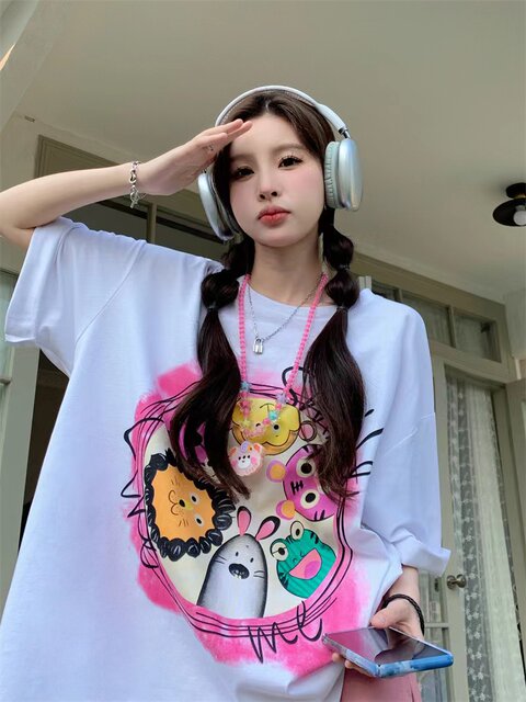 Cartoon printing pollen pink short -sleeved T -shirt female ins in summer half -sleeved leisure, loose, lazy style wild top
