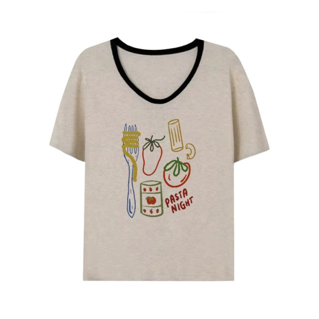 American retro V-neck short-sleeved T-shirt for women in summer new white and gray bamboo joint cotton slim design top