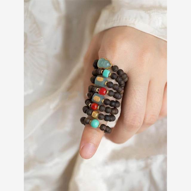 Original handmade natural Qi Nan agarwood millet bead ring jade gourd Zakiram wealth bead ring green