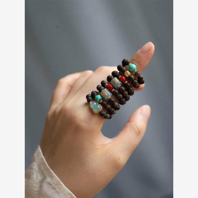 Original handmade natural Qi Nan agarwood millet bead ring jade gourd Zakiram wealth bead ring green