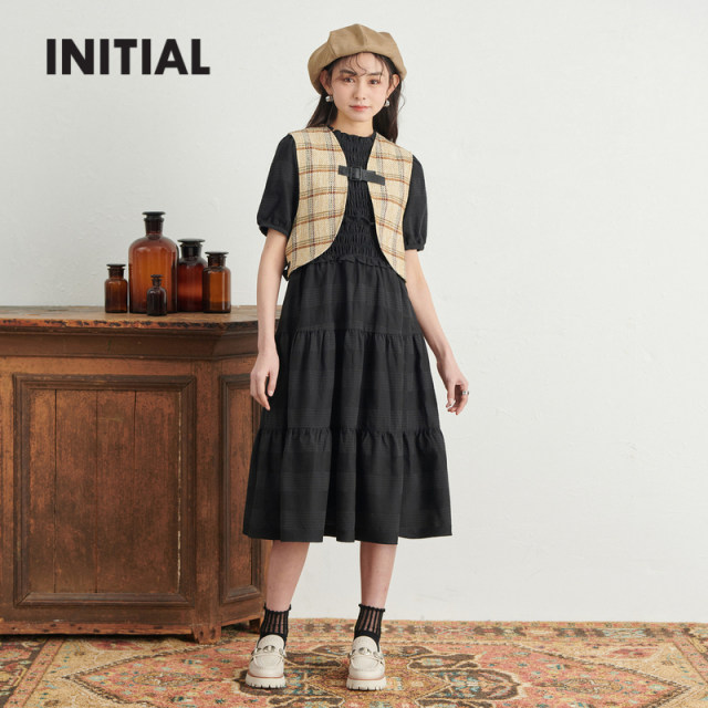 INITIAL25 spring lace collar waist loose short-sleeved doll skirt black dress for women