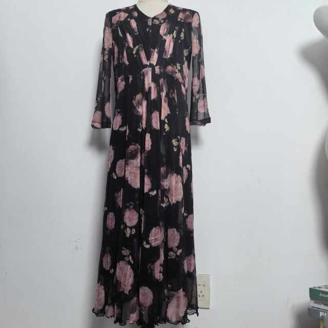 Nj mulberry silk screen eye V -neck cuff dressing mid -long skirt A -line skirt 5012 Mom is elegant

