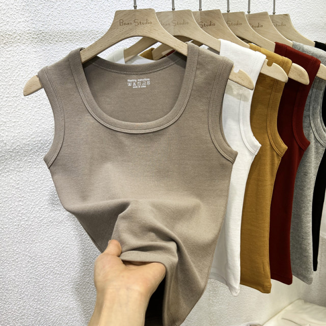 2025 new summer breast-covering sleeveless vest threaded cotton slim fit and slim front shoulder square collar collar tight body