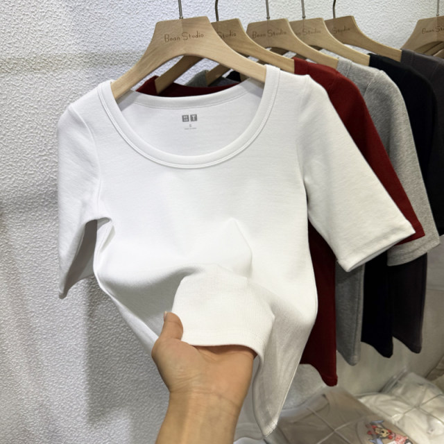 2025 spring and summer new women's mid-sleeved T-shirt with low round neck slim fit and slim temperament inside with five-point sleeve thread top