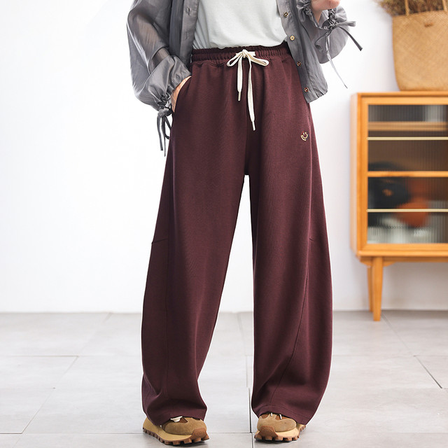 2025 spring loose casual straight-leg pants for women sickle embroidered smiling face simple and versatile to make them look slim and tall wide-leg pants large size