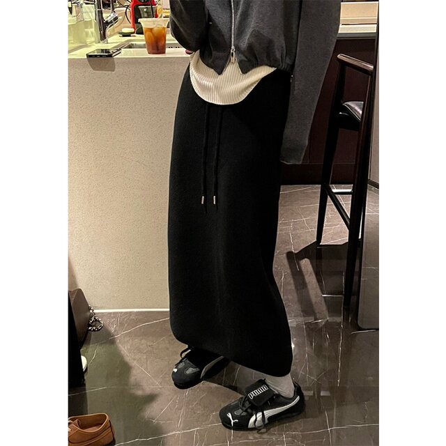 Drawstring versatile straight skirt knitted skirt women's autumn new loose hip-covering slit long skirt A-line skirt bag skirt