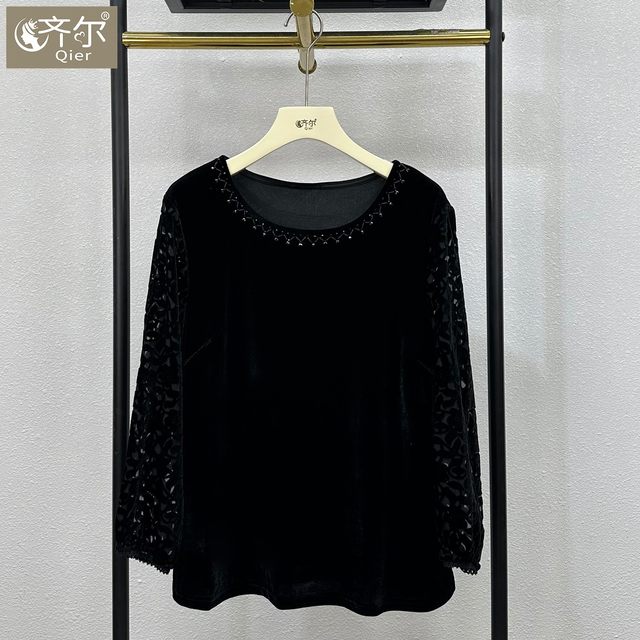 
Heavy Industry Beaded Lady Temperature Velvet Top High-end New Fashionable Small Shirt Large Size Mom Autumn Shirt