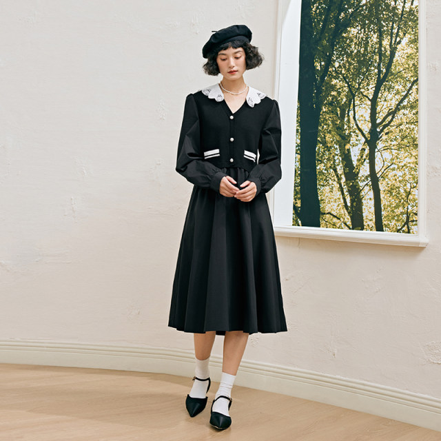PIT retro temperament, elegant and simple slim dress for women 2024 autumn new little black skirt
