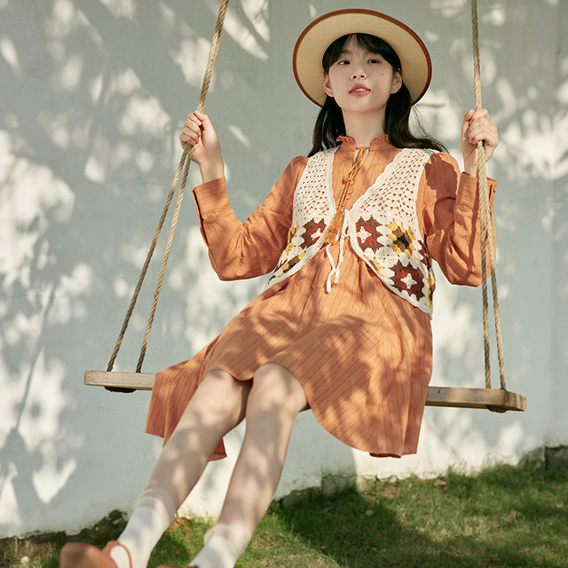 PIT retro orange round neck tie long sleeve dress for women 2024 autumn new loose casual long skirt
