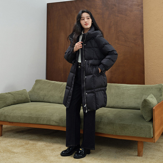 PIT retro simple 90 white duck down black versatile drawstring hooded long down jacket for women in winter