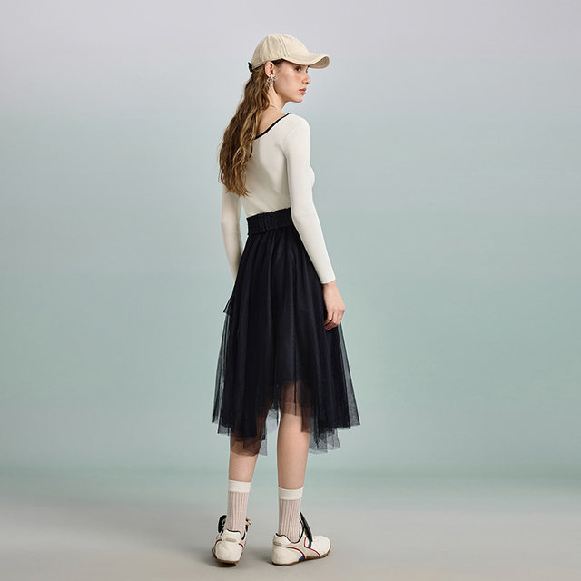 PIT retro versatile mid-length irregular black half-body gauze skirt high waist slim commuting daily design
