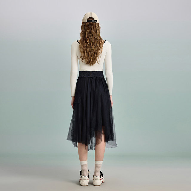 PIT retro versatile mid-length irregular black half-body gauze skirt high waist slim commuting daily design
