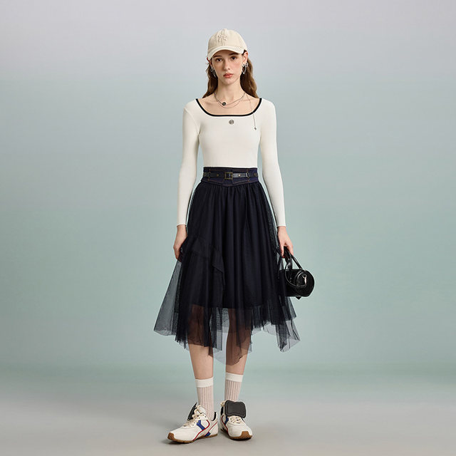 PIT retro versatile mid-length irregular black half-body gauze skirt high waist slim commuting daily design

