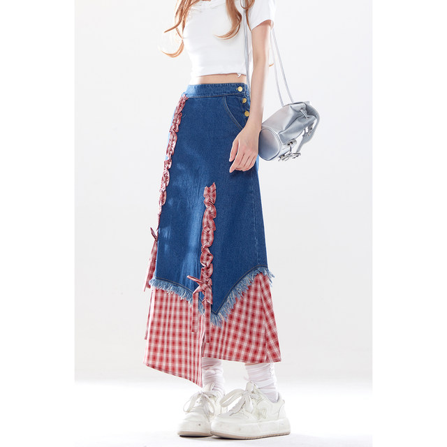 Natural and irregular spliced ​​blue denim skirt for women in summer dopamine high saturation long skirt