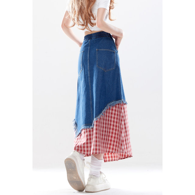 Natural and irregular spliced ​​blue denim skirt for women in summer dopamine high saturation long skirt
