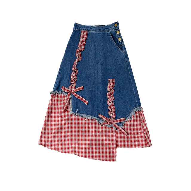 Natural and irregular spliced ​​blue denim skirt for women in summer dopamine high saturation long skirt
