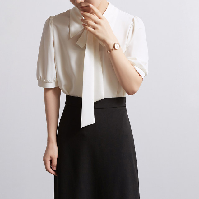 CHICBLISS White Chiffon Shirt Women's Summer Bow Lace Commuter Draped Point Collar Shirt Women's Short Sleeve