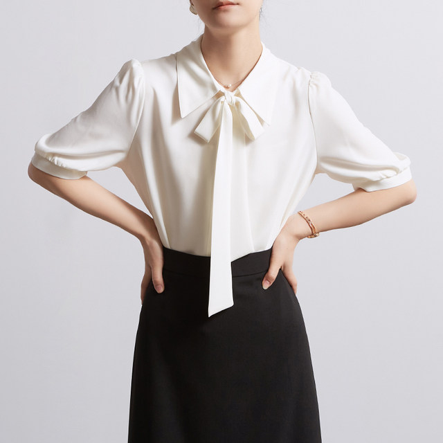 CHICBLISS White Chiffon Shirt Women's Summer Bow Lace Commuter Draped Point Collar Shirt Women's Short Sleeve
