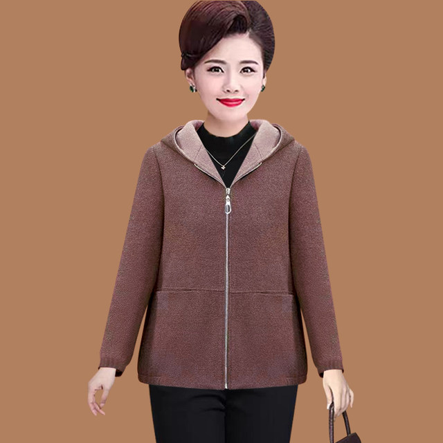 Women's clothing, middle-aged and elderly autumn and winter hooded large size mother's clothing wool jacket, zipper, fashionable wool hooded slim top
