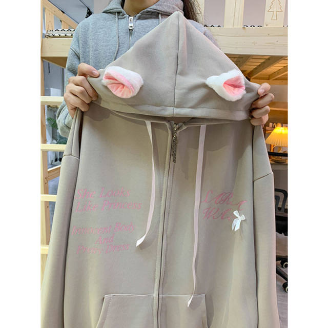 Cat ear hooded sweatshirt for women in autumn and winter oversize plush velvet thickened jacket loose lazy style cardigan top