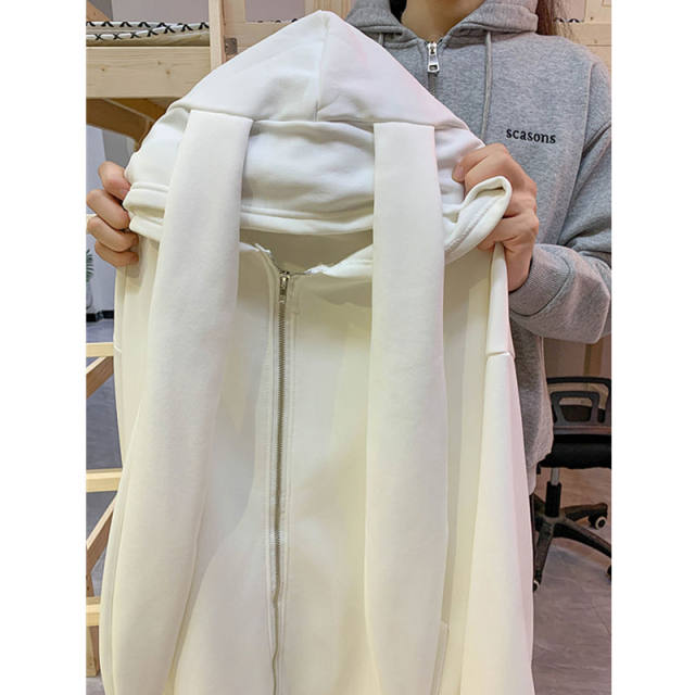 Cute rabbit ears hooded sweater female autumn and winter oversize plus velvet thick jacket loose lazy cardigan top