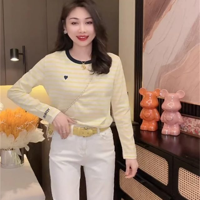 2025 summer new European products women's contrasting color striped love embroidery round neck long sleeve T-shirt for women