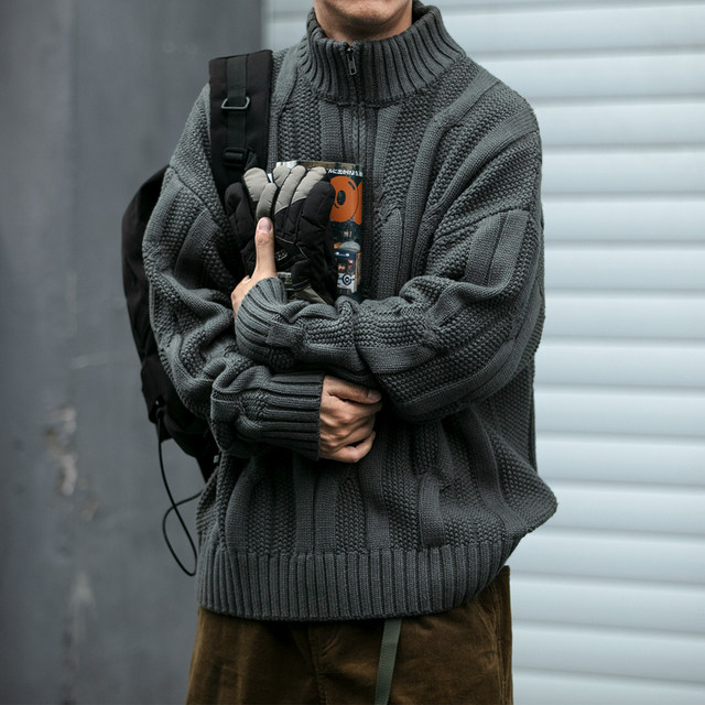 Winter heavy high-quality heavy-dumb and thick creepy stand-up collar pullover sweater American retro semi-zipper thick jacket
