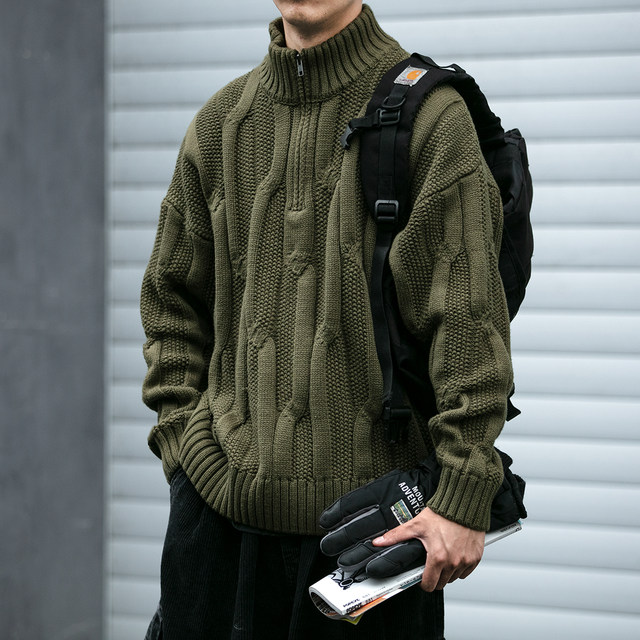 Winter heavy high-quality heavy-dumb and thick creepy stand-up collar pullover sweater American retro semi-zipper thick jacket
