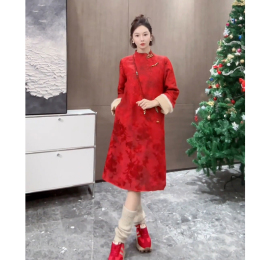 Christmas New Year wear new Chinese style national style red jacquard improved cheongsam dress woman 2023 autumn and winter