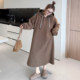 Yuanzijia large size autumn casual versatile color block striped hooded sweatshirt dress for women
