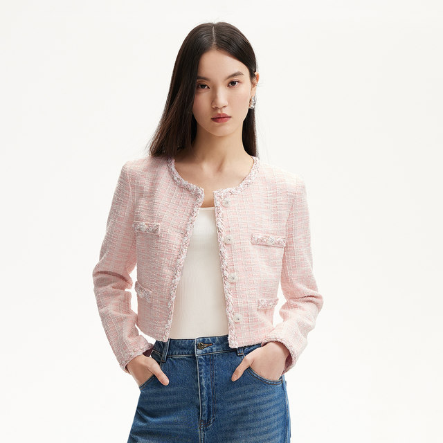 Vero Moda short coat for women 2025 spring new style bright silk woven fake pocket Qianjin style 3251J9008