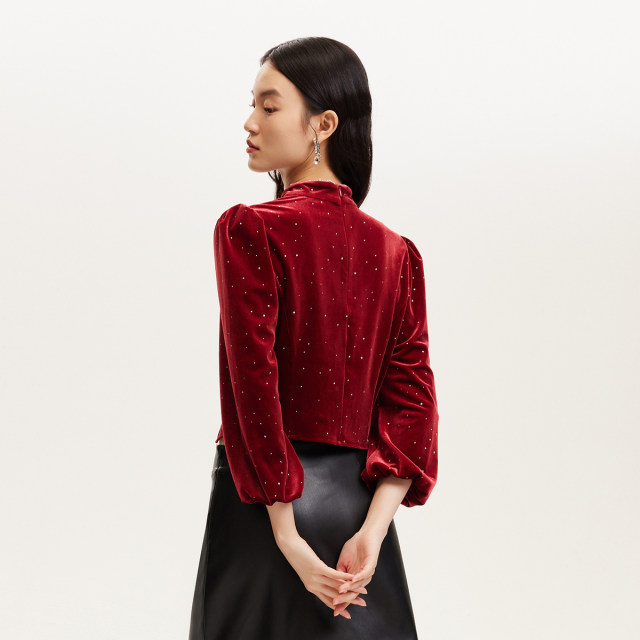 Vero Moda top for women 24 autumn new Chinese glitter beads decorative velvet top 324458001