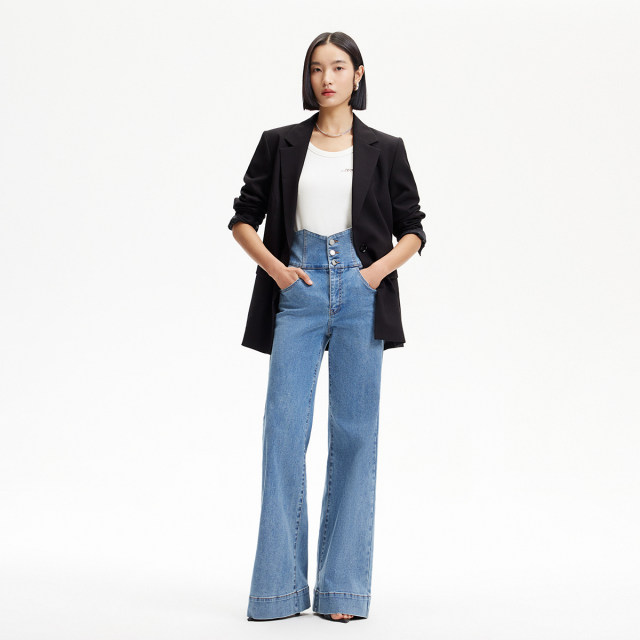 Vero Moda Jeans 2025 early summer new removable overalls waist seal high waist slightly flared cotton soft and elastic