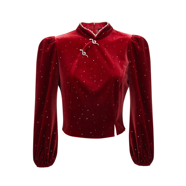 Vero Moda top for women 24 autumn new Chinese glitter beads decorative velvet top 324458001
