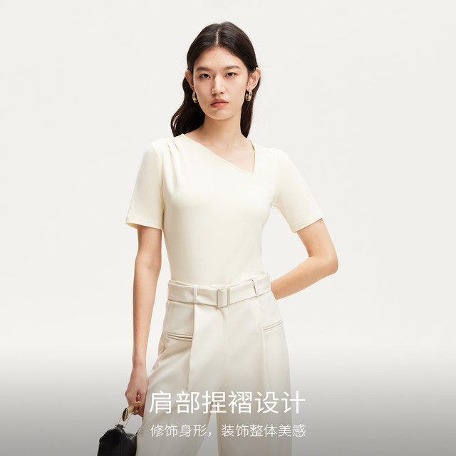 Vero Moda T-shirt for women 2025 summer new irregular collar slim short-sleeved T-shirt for women simple and versatile