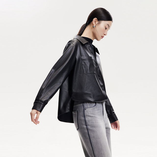 Vero Moda shirt 24 autumn holiday two pieces knitted imitation leather three-quarter sleeves spliced ​​half turtleneck lapel 324331009
