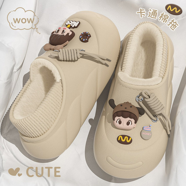Waterproof cotton slippers for women to wear outside 2025 autumn and winter new anti-slip and poop-feeling warm and cute bag with cotton slippers for women