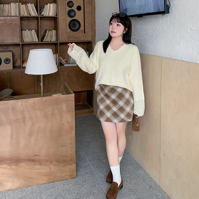 Winter atmosphere plaid skirt for women 2024 new large size high waist sweet style Korean mid-length A-line skirt