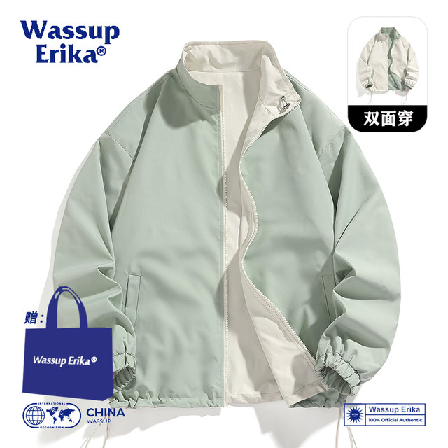 Wassup erika dopamine couple wore jackets on both sides, men and women autumn Japanese pink tops standing collar
