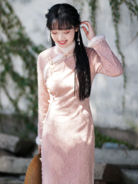 Pink Cheongsam 2023 Winter New Chinese Young Girl Flocked Thickened Long Dress Custom Wedding Dress