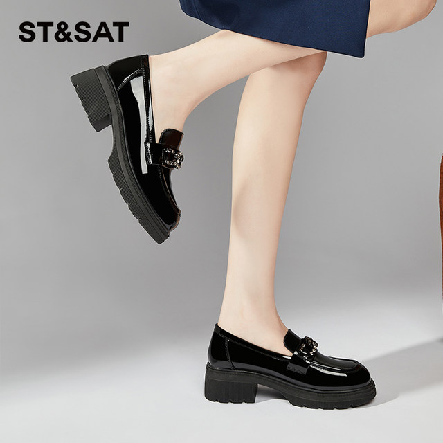 Saturday French thick heel black loafers women's super hot spring new British style leather shoes commuting single shoes