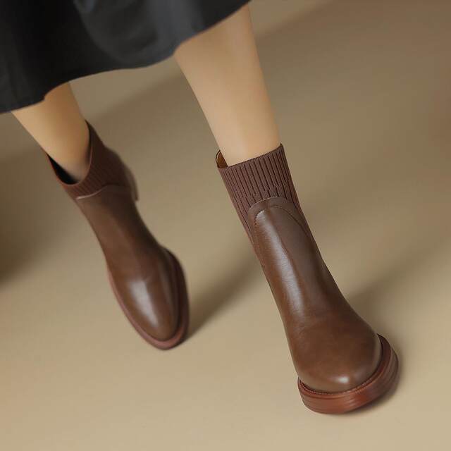 ST/SAT/Saturday's retro wool routing short boots female middle heel heel naked boots autumn and winter elastic brown leather boots